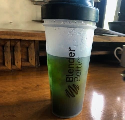 Blender bottle full of homemade preworkout ingredients.