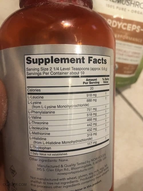 NOW Sports Amino9 Back Label Amino Acid (EAA) Profile