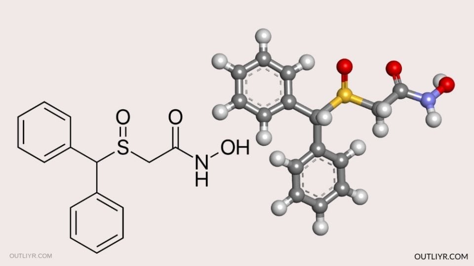 Adrafinil molecular structure, a substance that's metabolized in the body to produce modafinil