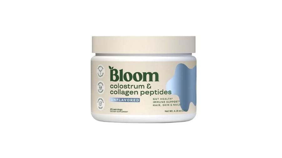 Bloom Nutrition's colostrum + collagen peptides jar