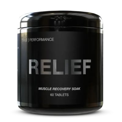 drinkhrwreliefimg Black canister of Drink HRW RELIEF Muscle Recovery Soak, 60 tablets