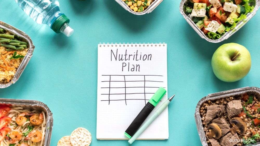 A nutrition tracker notepad with food around the table