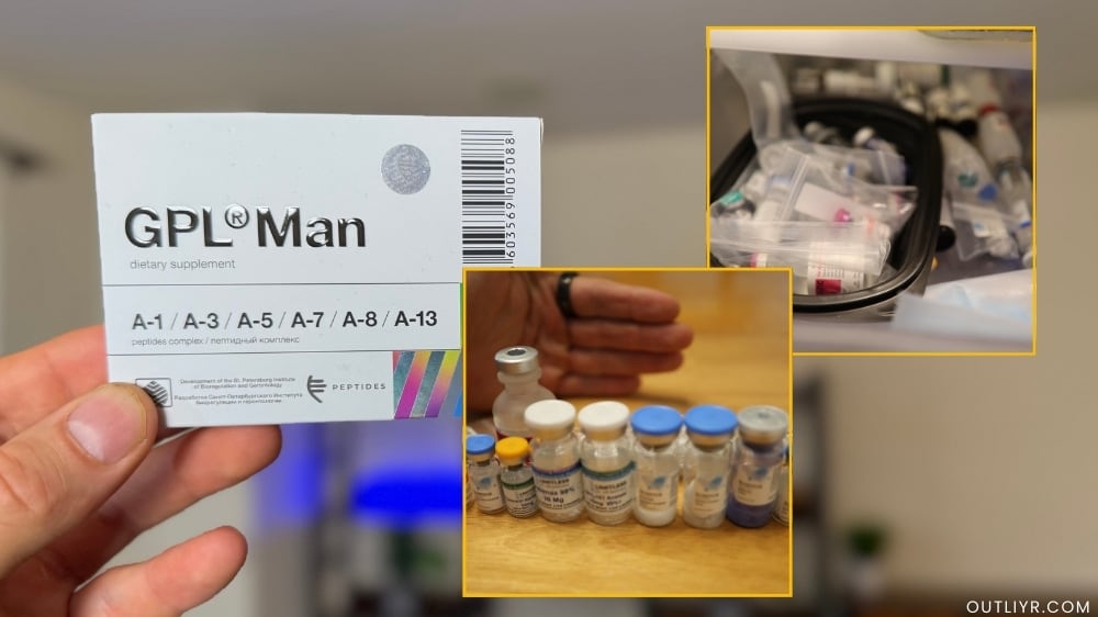 gplmanpeptidebottles Nick Urban holding Cosmic Nootropics' GPL Man along with some peptide bottles