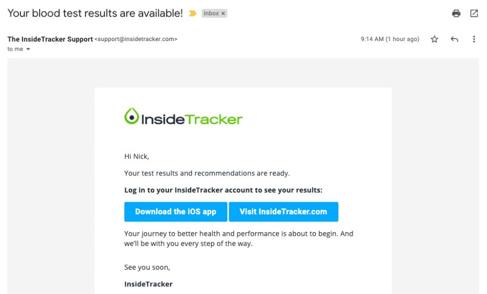 InsideTracker Blood Test Results Email