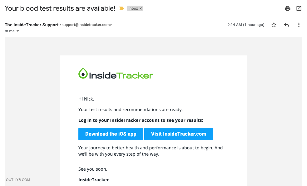 InsideTracker Blood Test Results Email