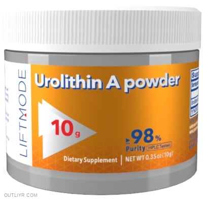A plastic jar of Liftmode's Urolithin A powder 