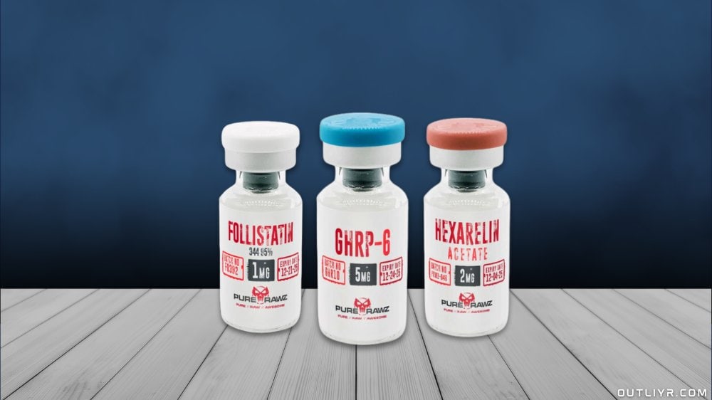 GHRP6, Hexarelin, and Follistatin peptide bottles for muscle growth
