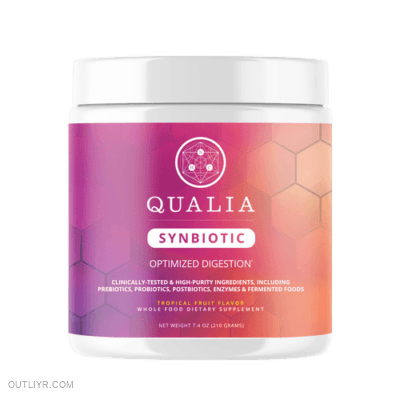 Qualia synbiotic combines 28 scientifically supported prebiotics, probiotics, postbiotics, and fermented foods.