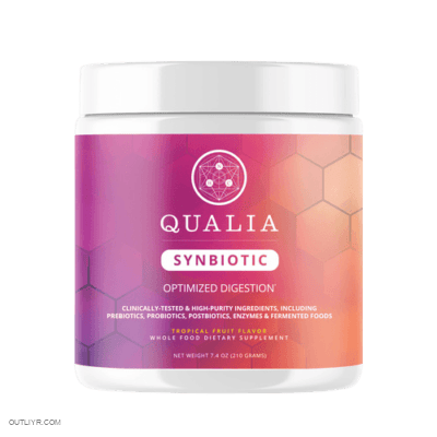 Qualia synbiotic combines 28 scientifically supported prebiotics, probiotics, postbiotics, and fermented foods.