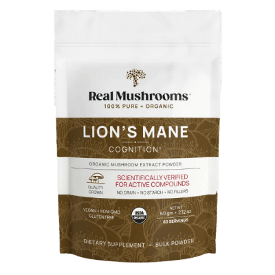 Real mushroom pure lion's mane helps with brain health and function. 