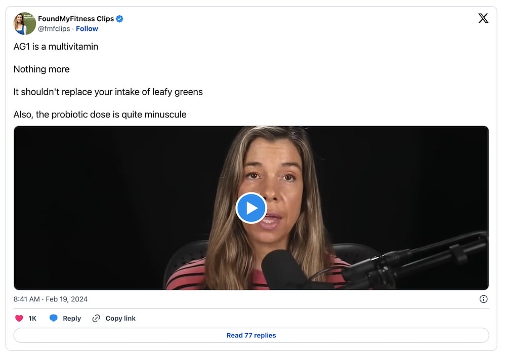 rhonda patrick ag1 athletic greens criticism x tweet