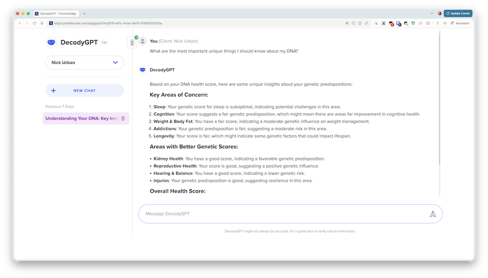 Asking SelfDecode's Decody AI Health Coach for unique DNAbased insights