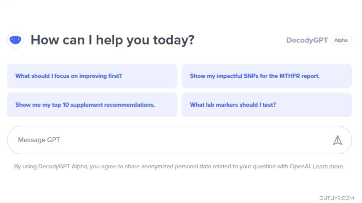 The SelfDecode DecodyGPT dashboard where you can input your prompts or questions