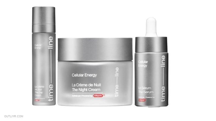 The three Timeline Mitopure Skincare Products: The Serum, Night Cream, & Day Cream
