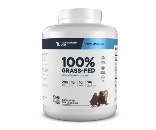 Transparent Labs GrassFed 100% Whey Protein Isolate supplement in Milk Chocolate flavor