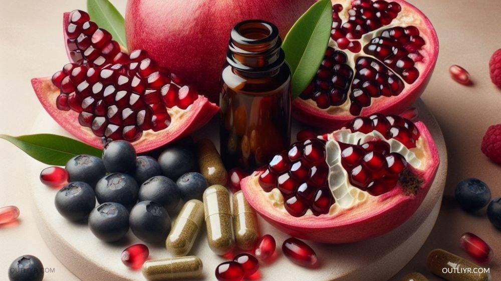 A bottle of Urolithin A capsules with pomegranates and berries