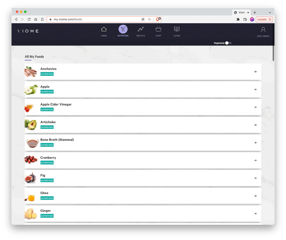 Viome Health Intelligence Custom Superfoods List